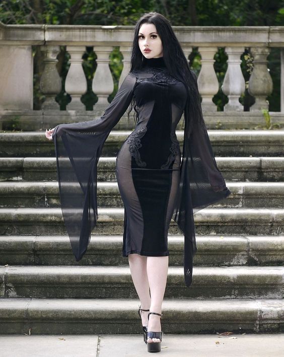 Black Sheer Sleeve Gothic Midi Dress